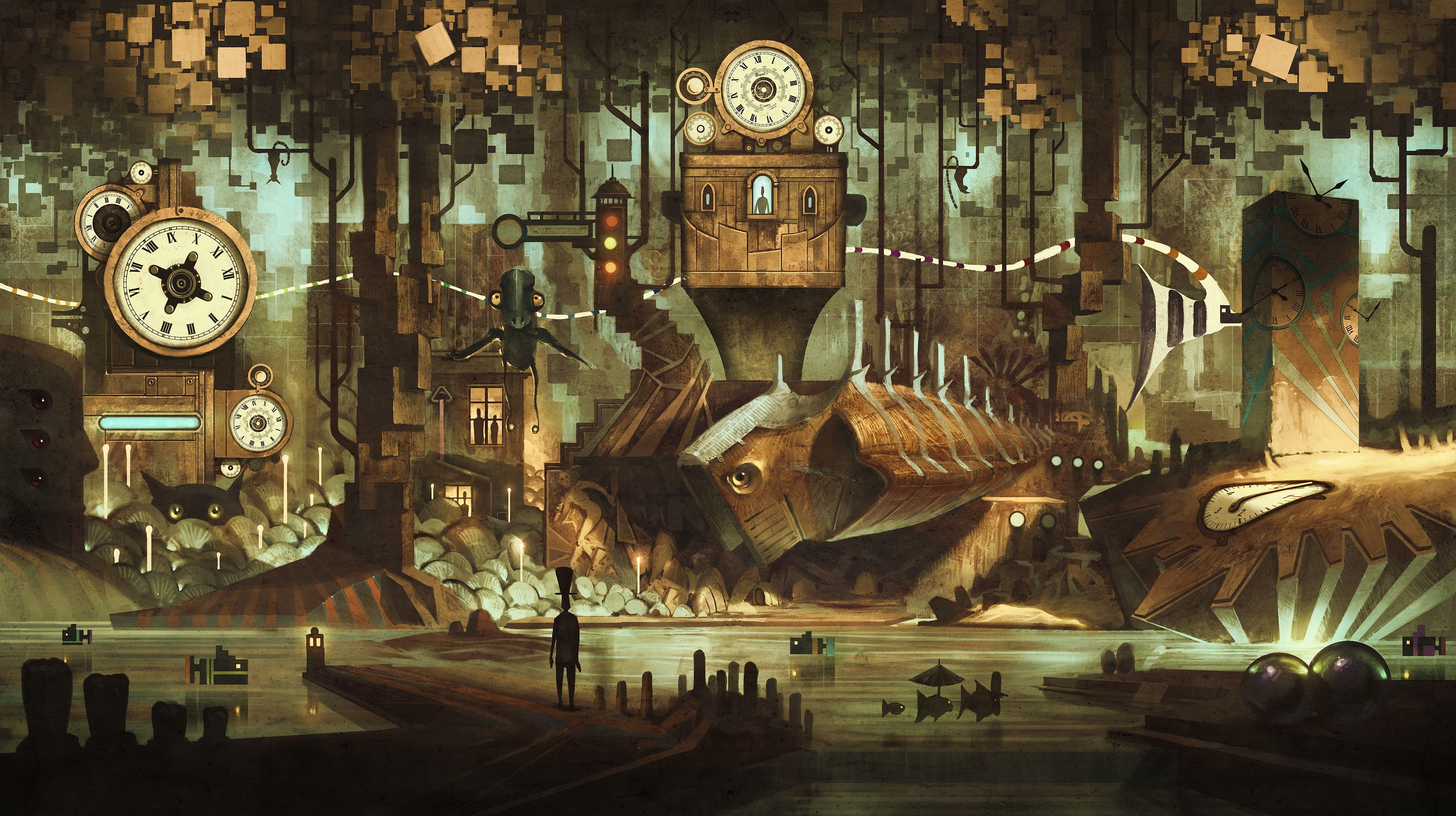 Città meccanica ingranaggi steampunk, 5000x2801 Ultra HD, 4K TV