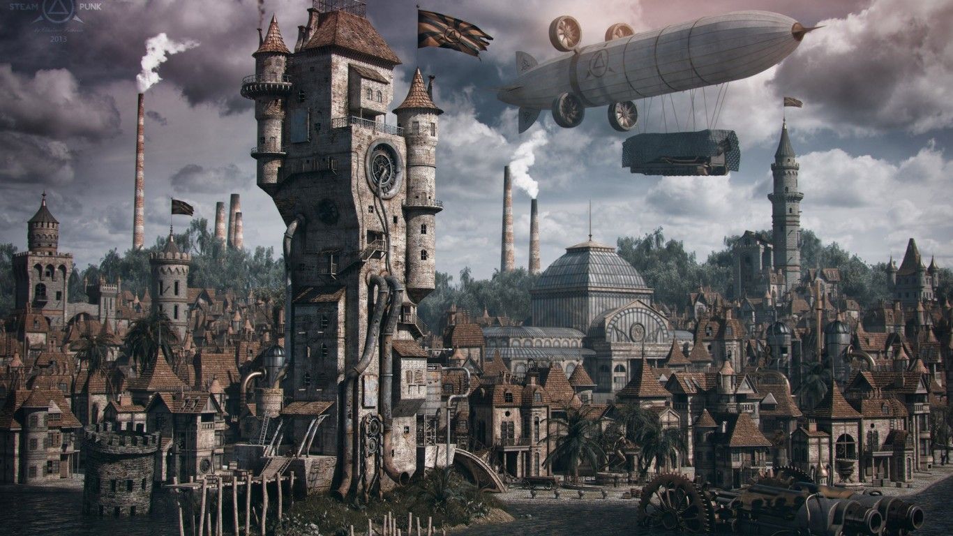 Città steampunk con dirigibile, 1366x768 720p, Laptop