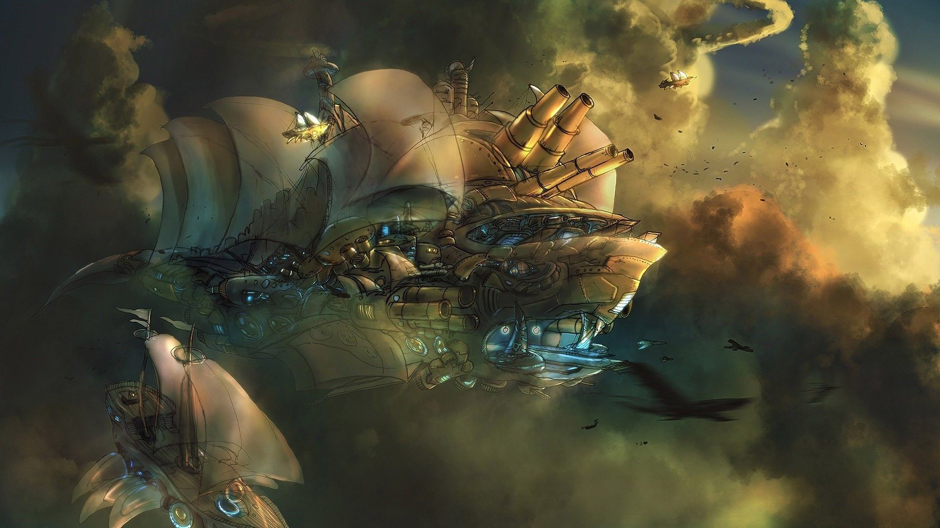 Navi volanti steampunk tra nuvole, 1920x1080 1080p, PC Desktop