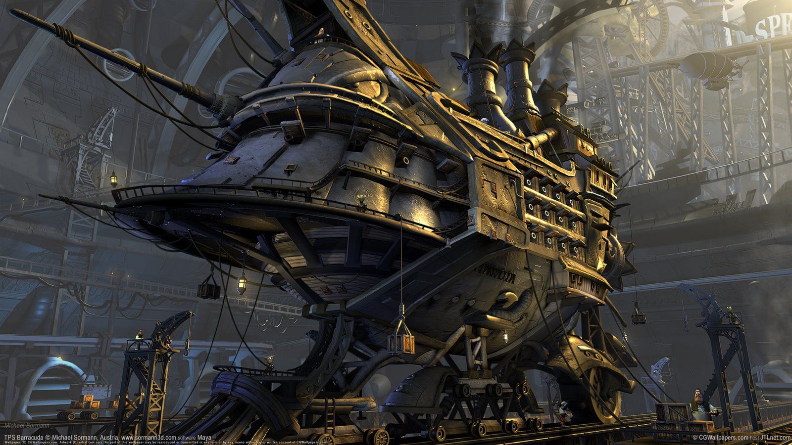Nave volante steampunk in officina, 1600x900 HD, Desktop