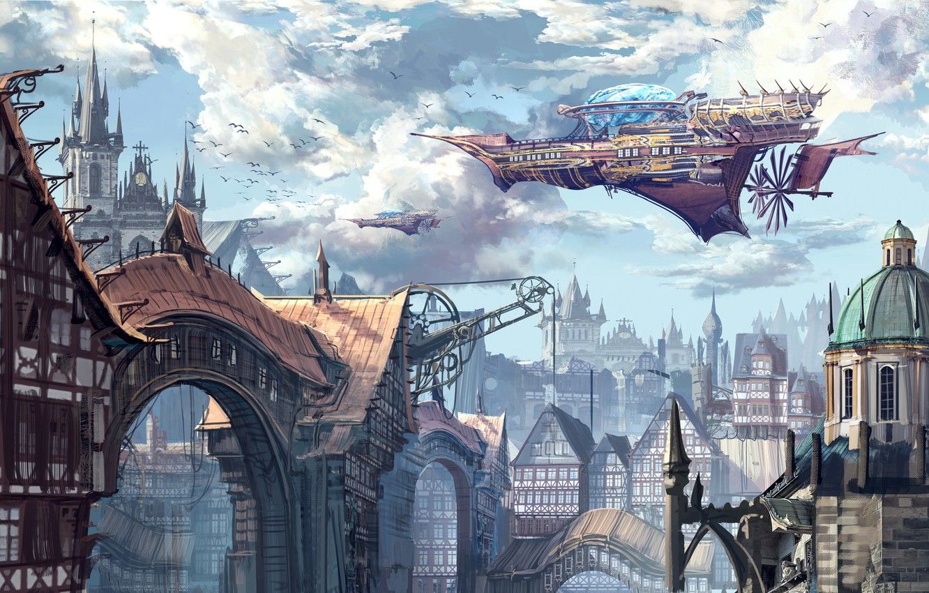 Dirigibile steampunk sopra città, 1332x850 HD, Desktop