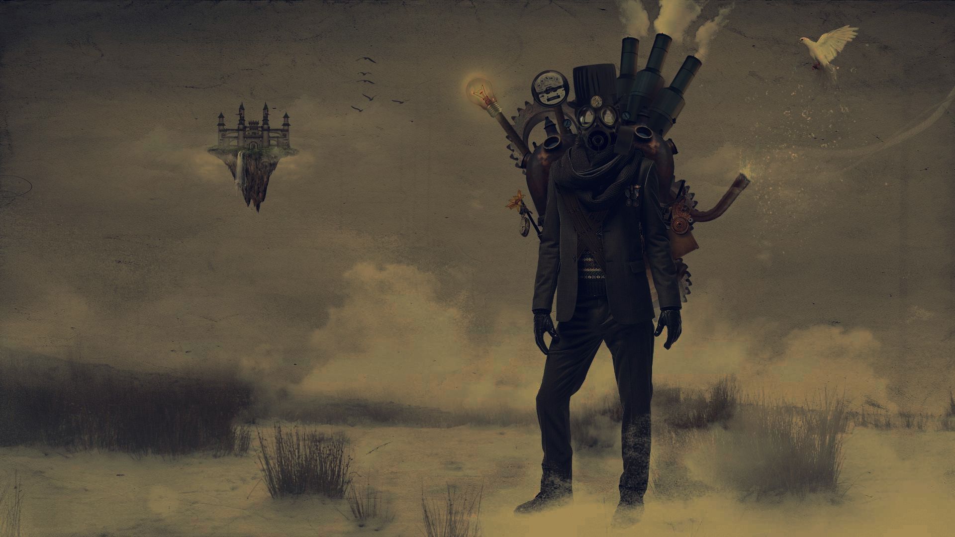 Figura steampunk con macchinari fluttuanti, 1920x1080 1080p, Desktop