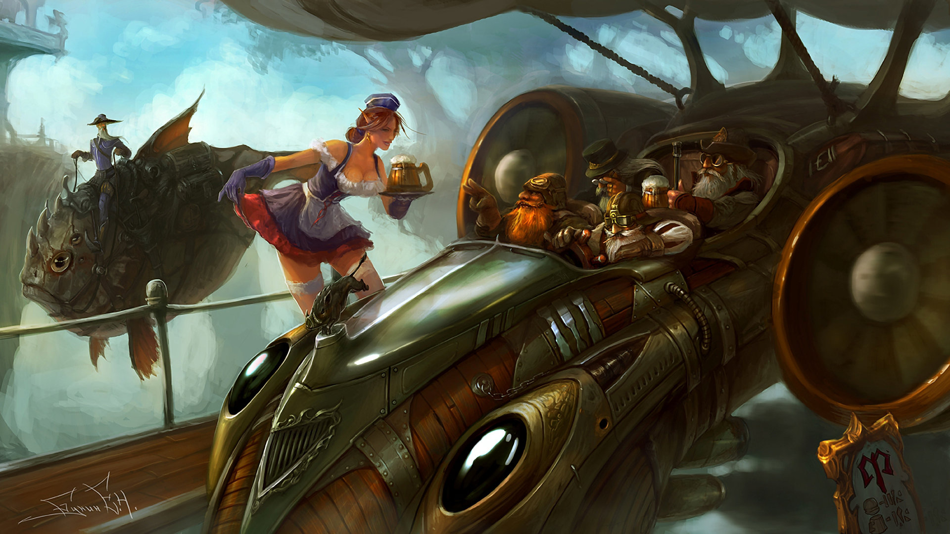 Nave volante steampunk con personaggi, 1920x1080 Full HD 1080p, PC