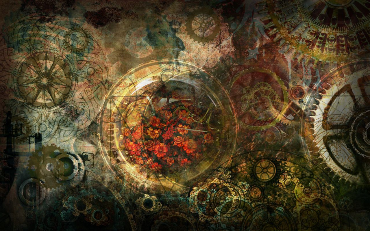 Ingranaggi steampunk con fiori rossi, 1280x800 720p, PC