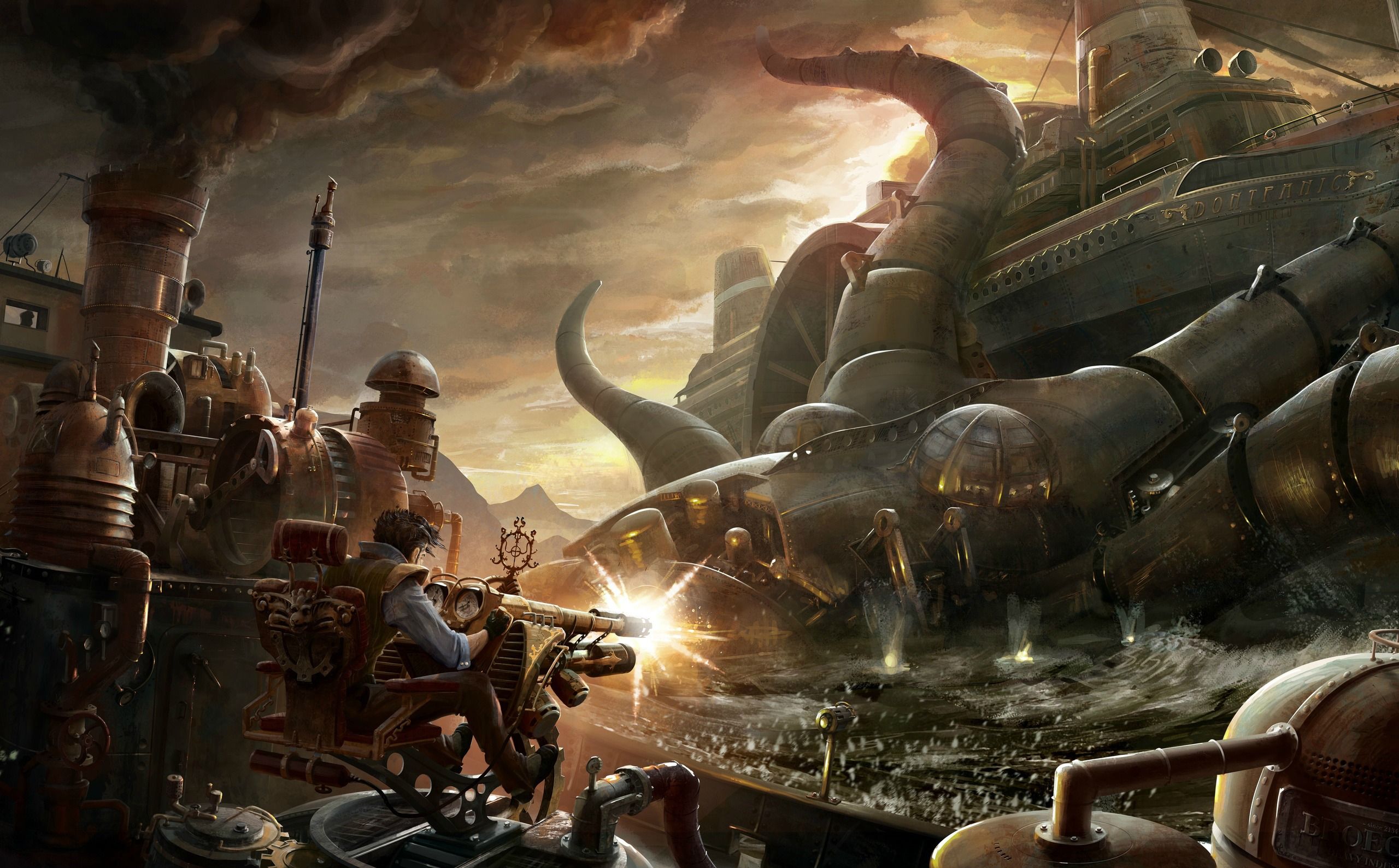 Macchina steampunk contro creatura meccanica, 2560x1588 2K, Desktop