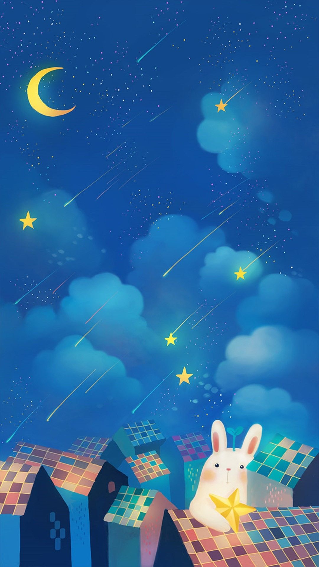 Coniglio cartoon sotto stelle cadenti, 1080x1920 Verticale, Telefono
