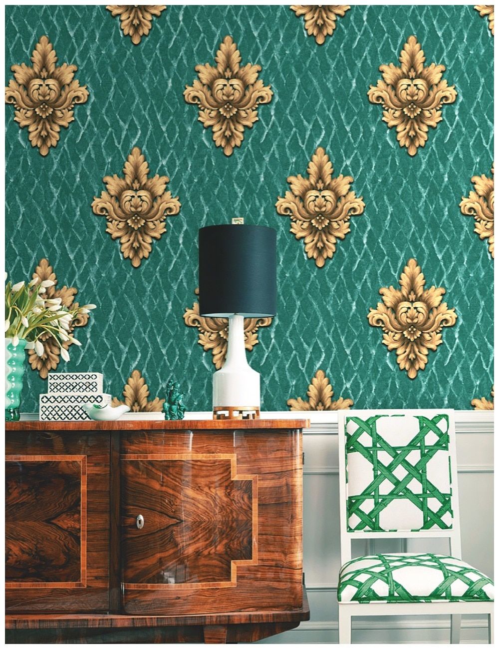 Wallpaper damascato verde e oro, 1000x1299 Verticale, OnePlus
