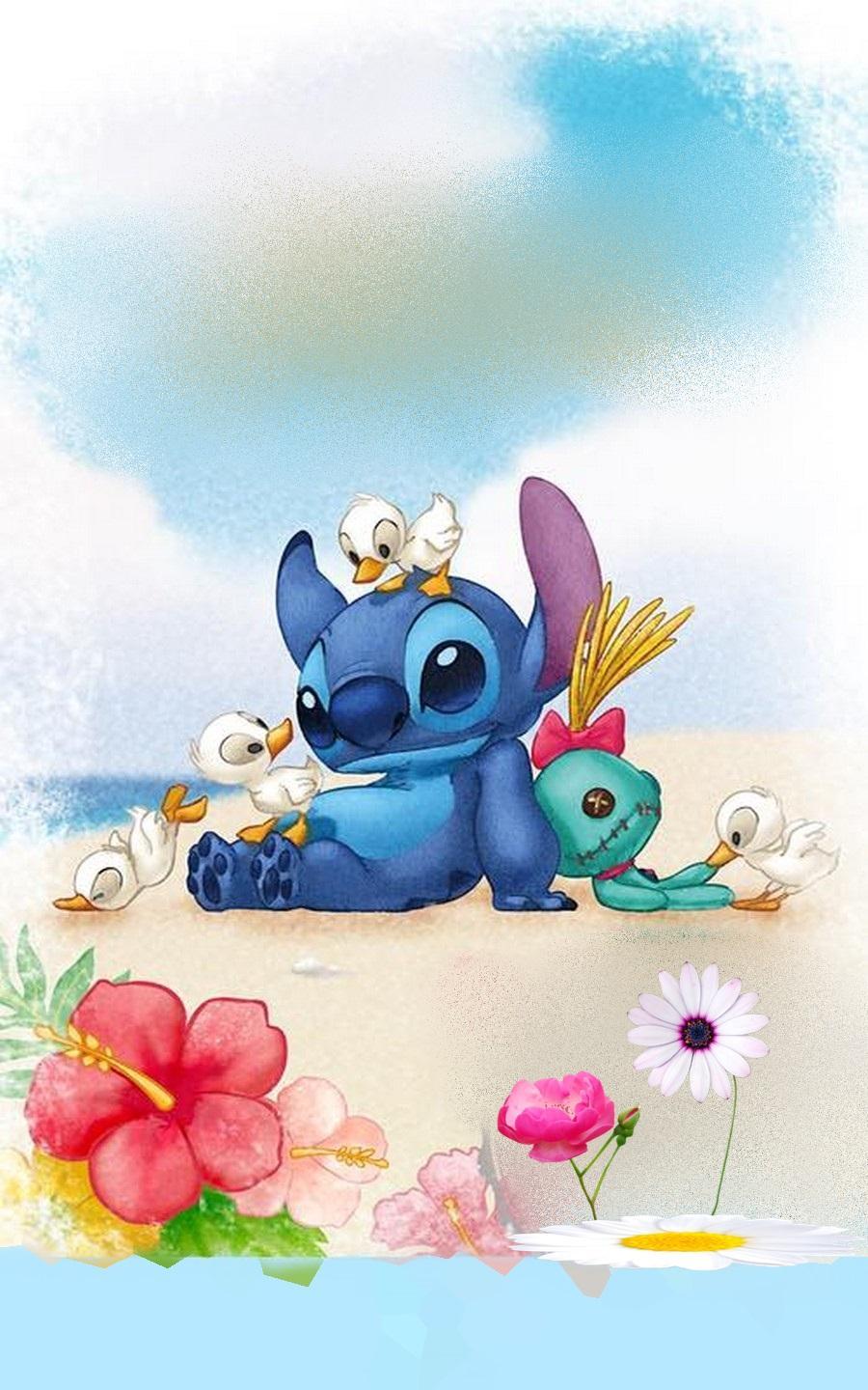 Stitch sulla spiaggia con paperelle, 900x1440 Verticale, Telefono
