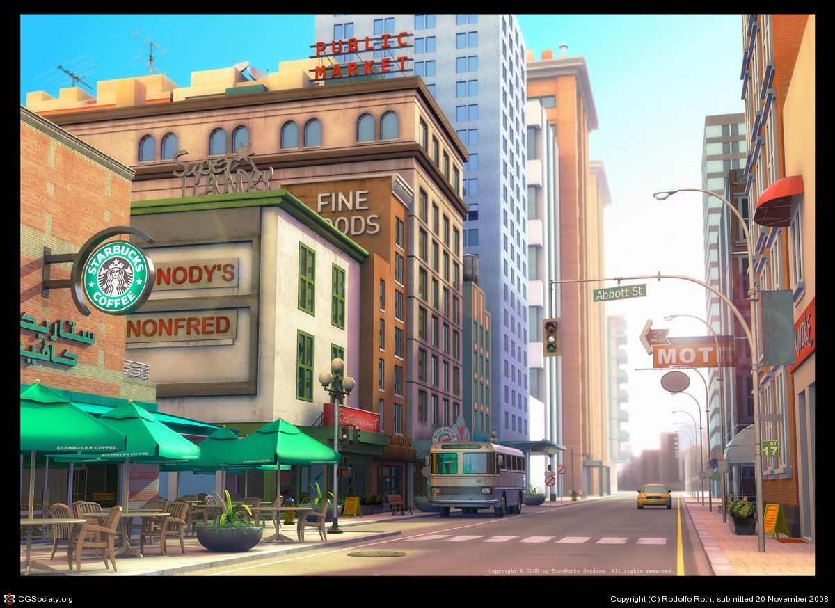 Strada città cartoon con Starbucks, 1200x874 HD, Acer Nitro