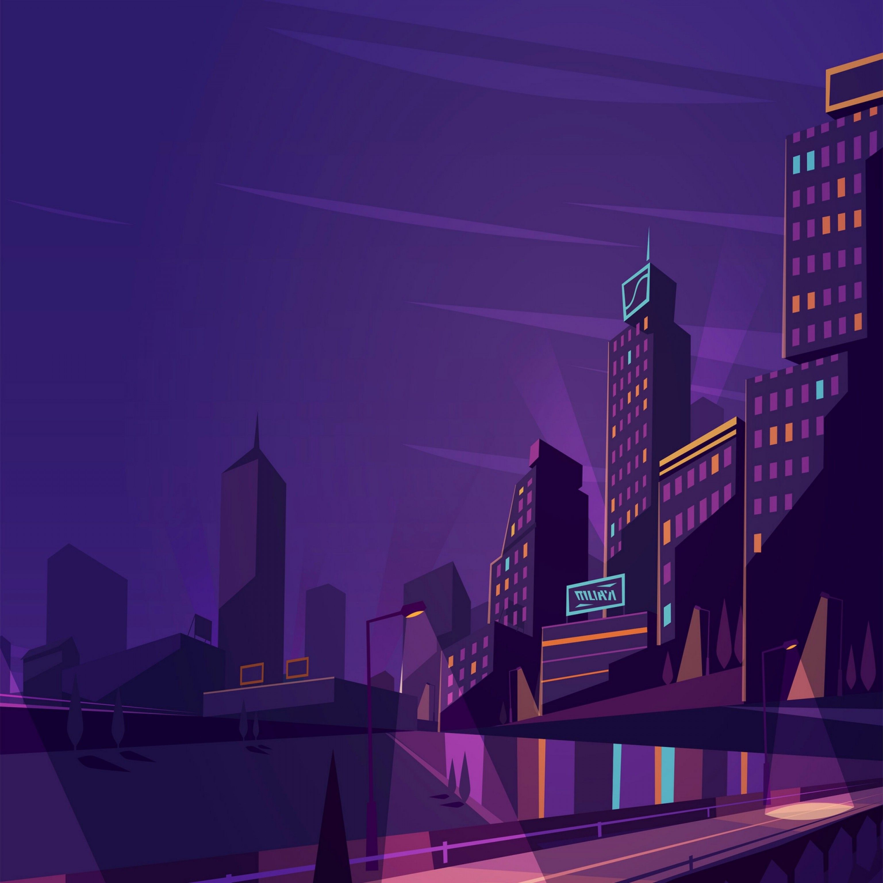 Strada città notturna cartoon viola, 3072x3072 2K+, Desktop