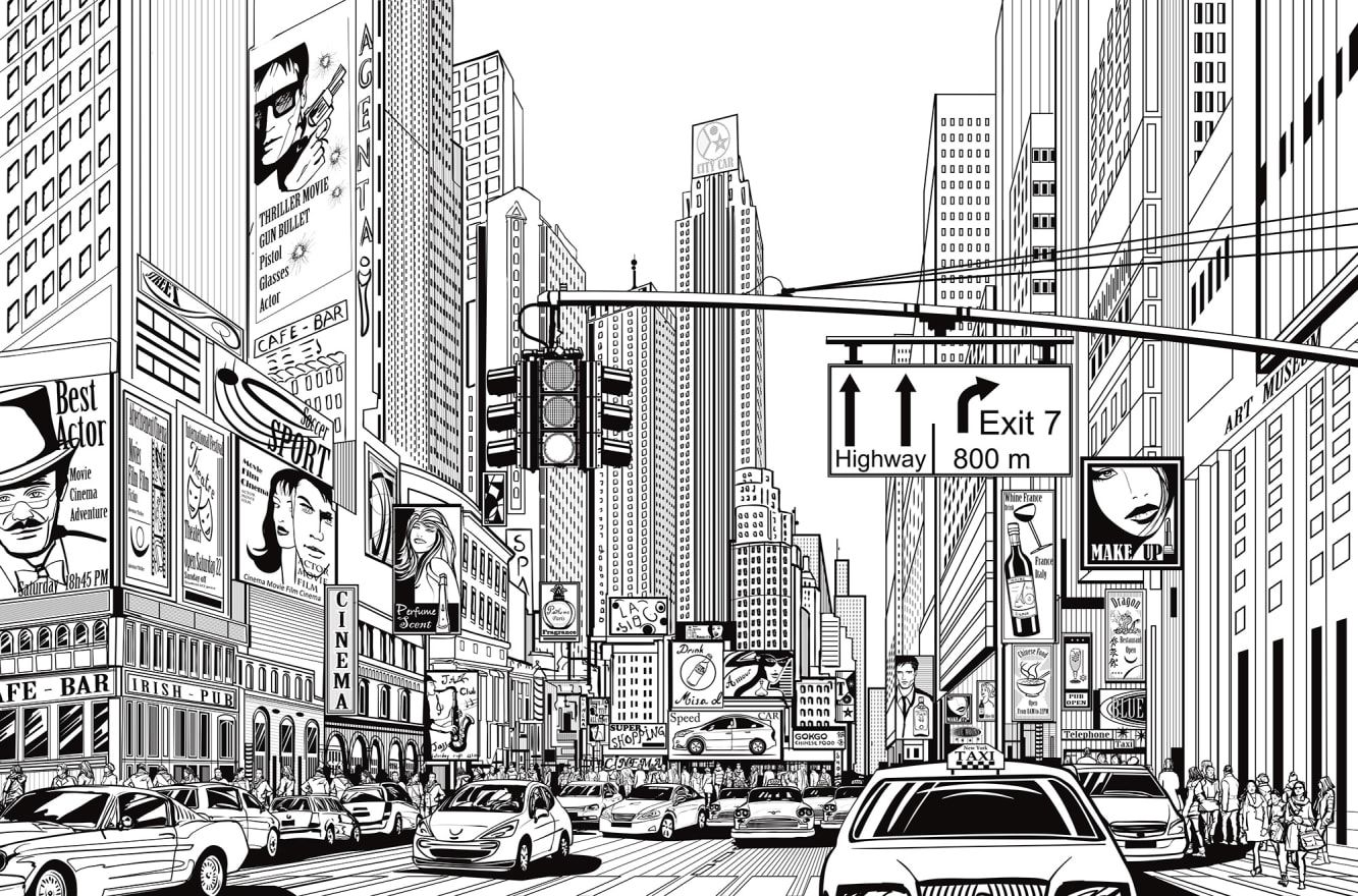 Strada città cartoon bianco-nero, 1333x880 HD, Desktop