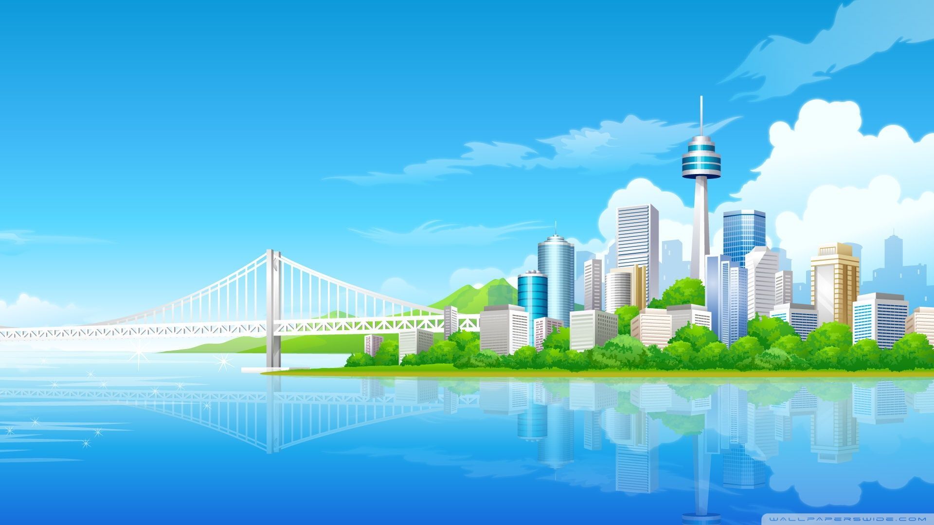 Città cartoon con ponte, 1920x1080 Full HD, Desktop