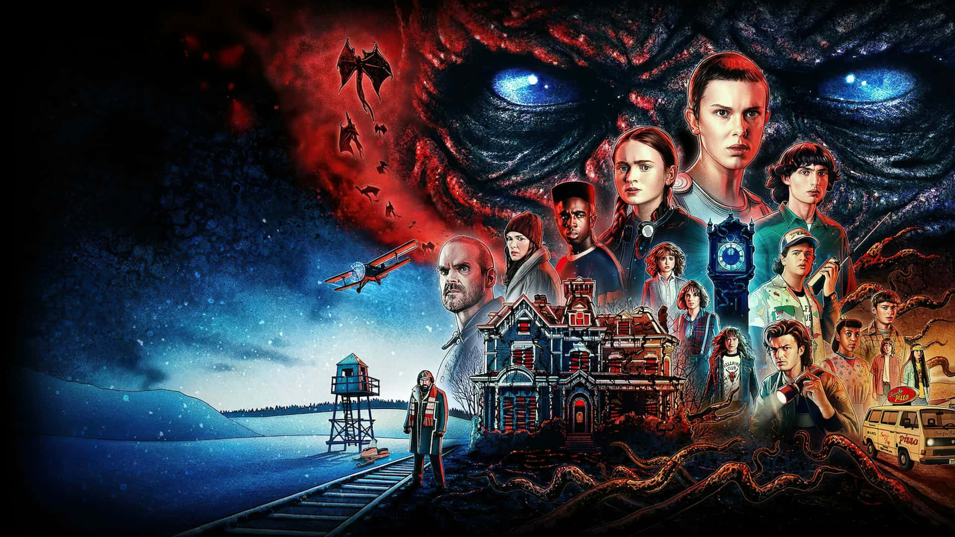 Stranger Things 4 collage personaggi, anni '80, 1920x1080 Full HD, Laptop