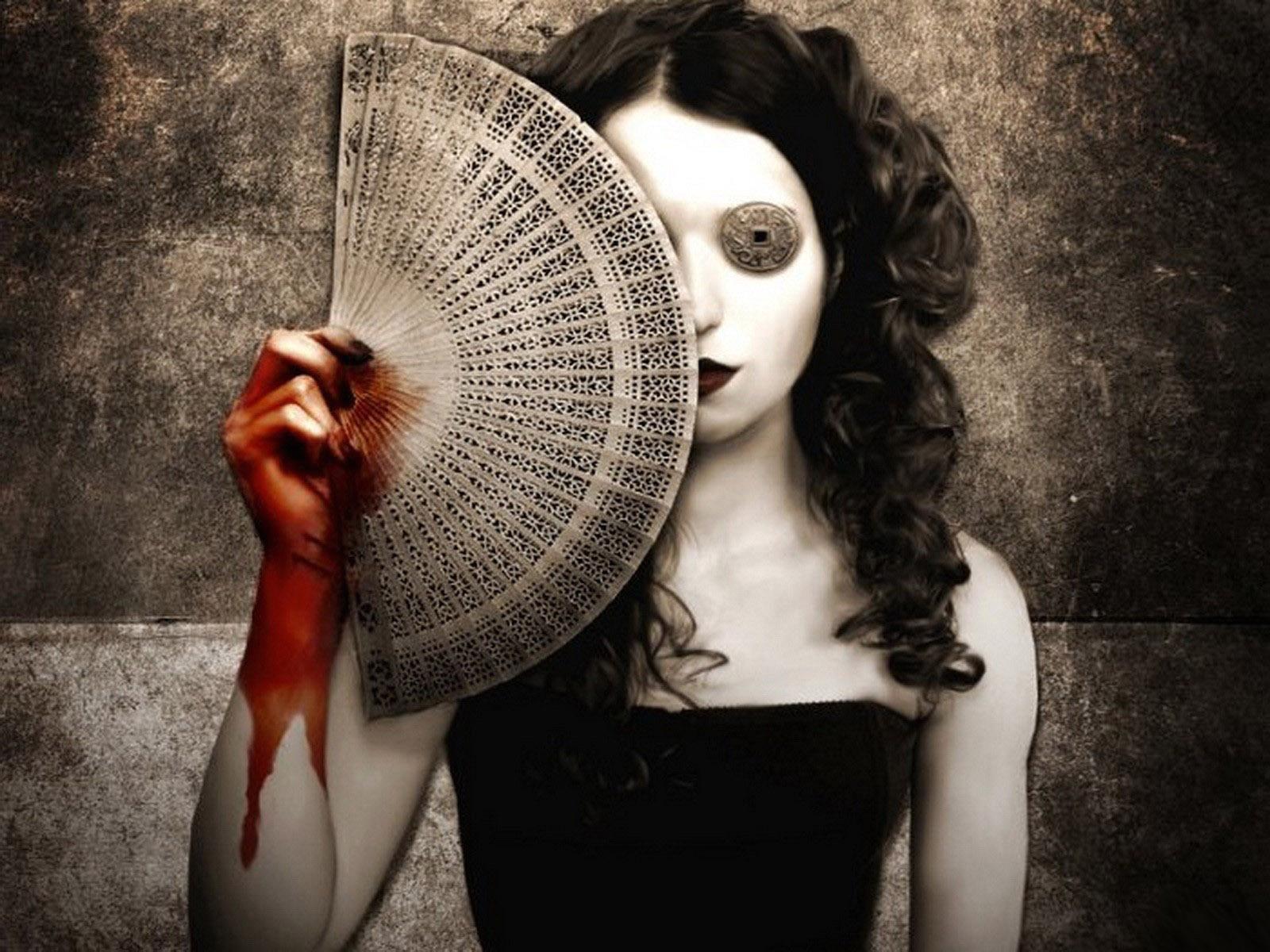 donna inquietante con ventaglio insanguinato, 1600x1200 HD Ready, Laptop