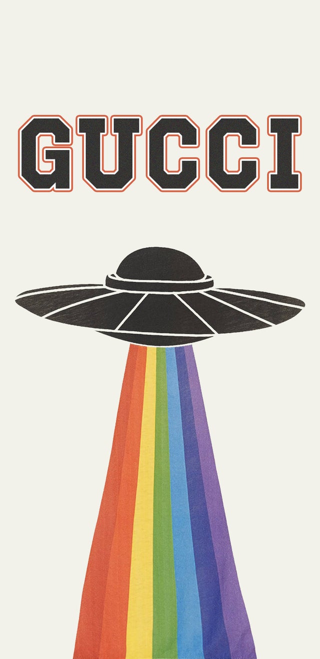 Logo Gucci con UFO arcobaleno, moda di lusso, 640x1316 Verticale, Mobile