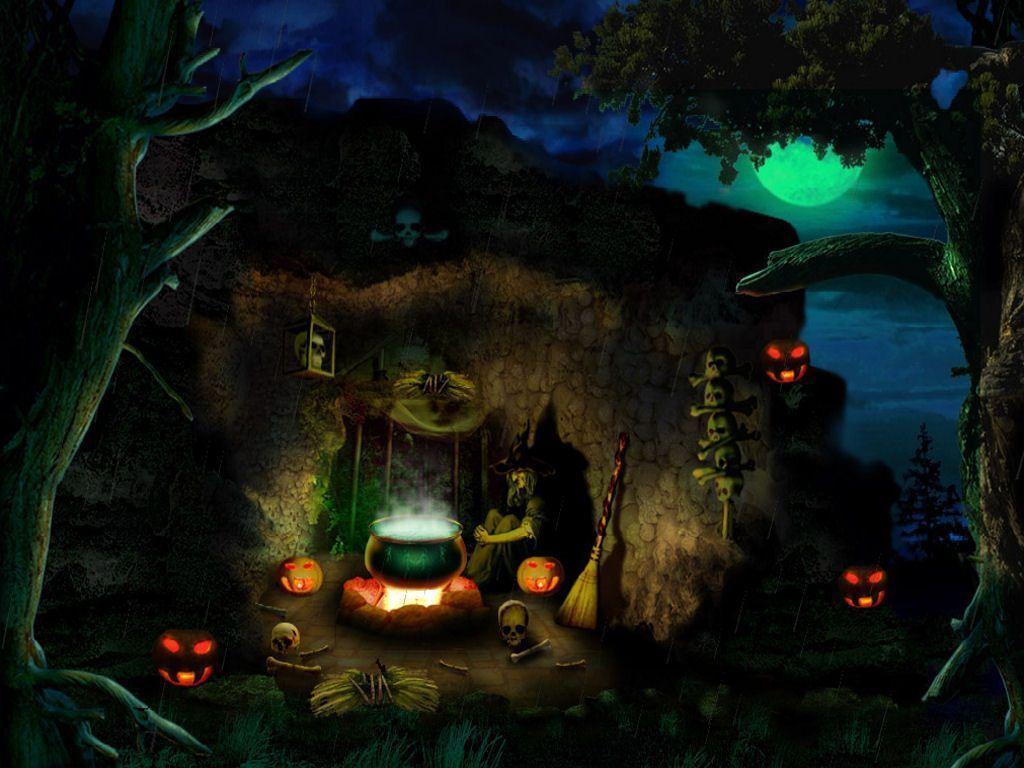 Strega con calderone, zucche Halloween, 1024x768 HD, PC