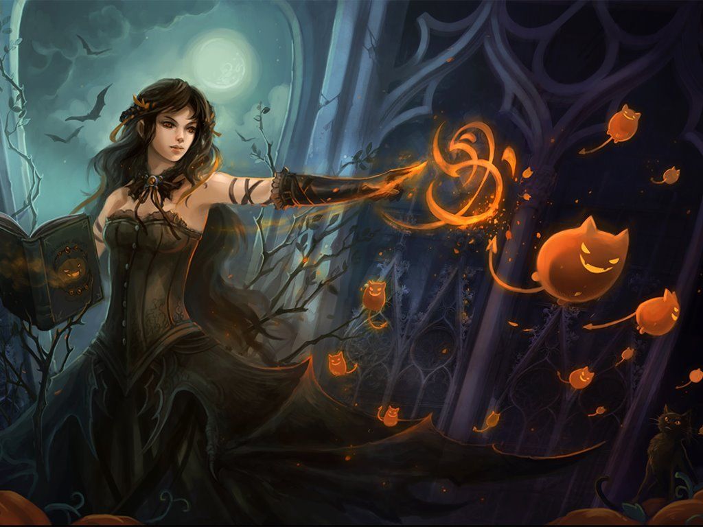 Strega con zucche magiche notturne, 1024x768 HD, Desktop