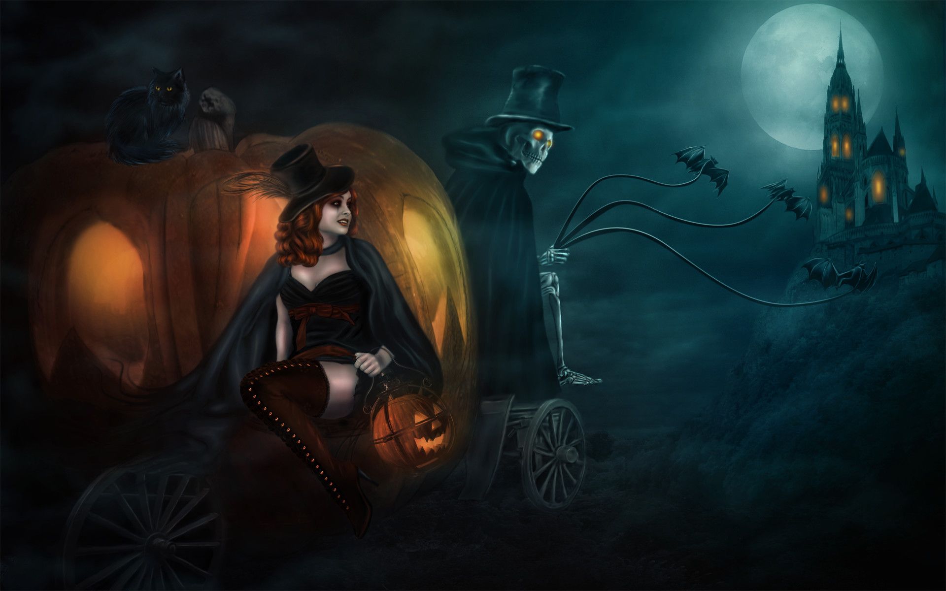 Strega con zucca e scheletro, 1920x1200 WUXGA, Desktop
