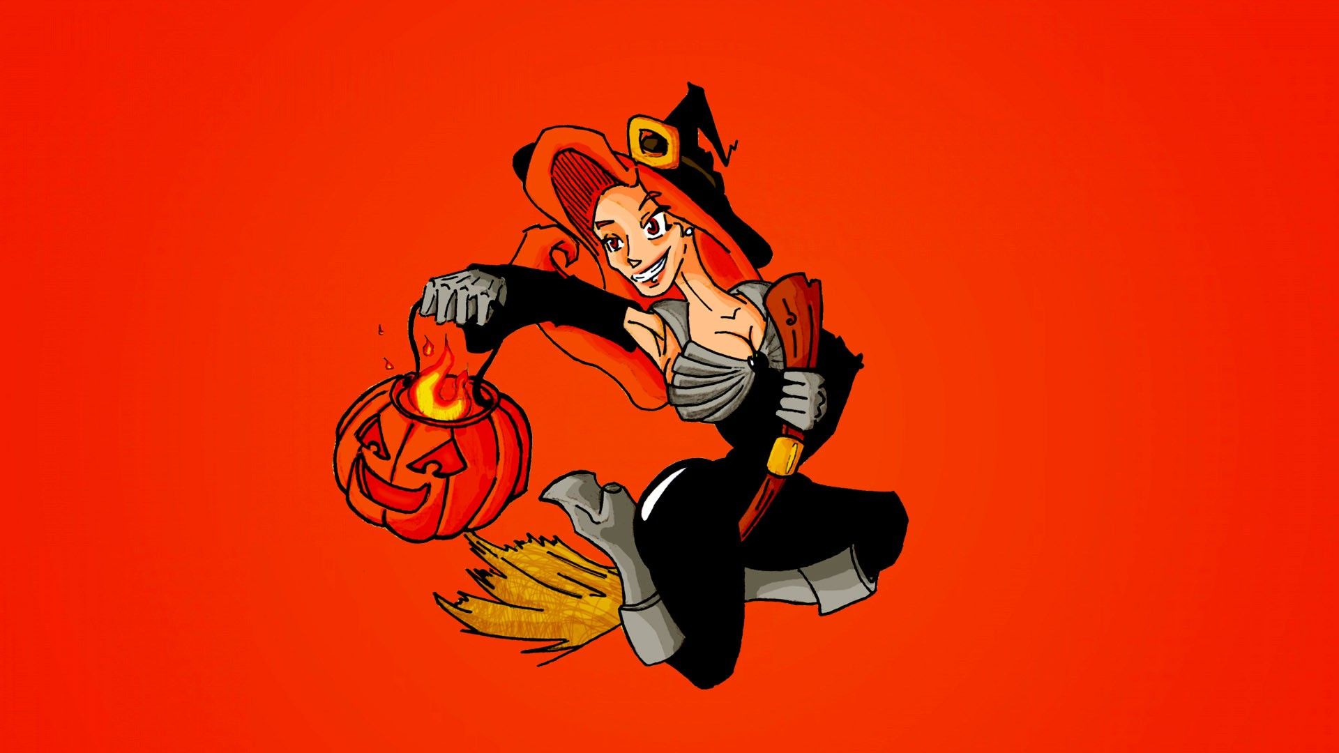 Strega cartone su scopa arancione, 1920x1080 1080p, Desktop