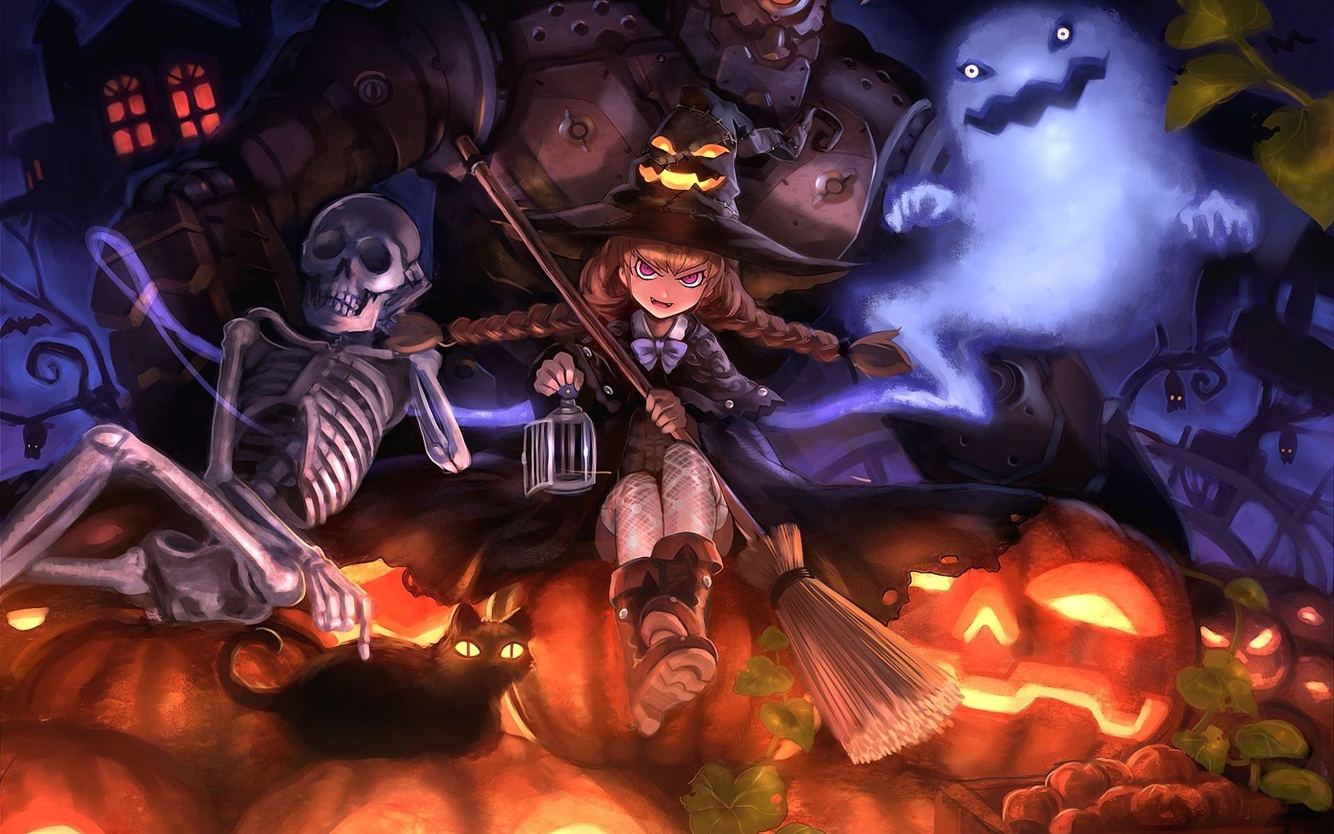 Strega con scopa, zucche e fantasma, 1920x1200 Full HD+, Desktop