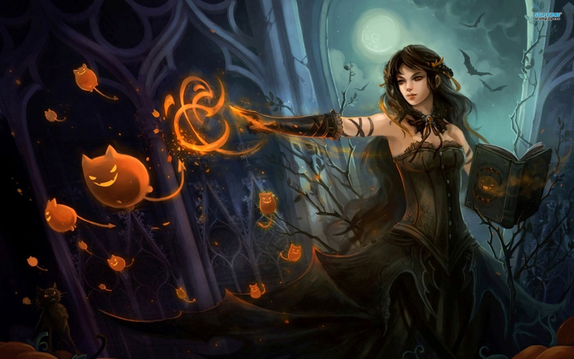 Strega con magia arancione Halloween, 1920x1200 WUXGA, PC