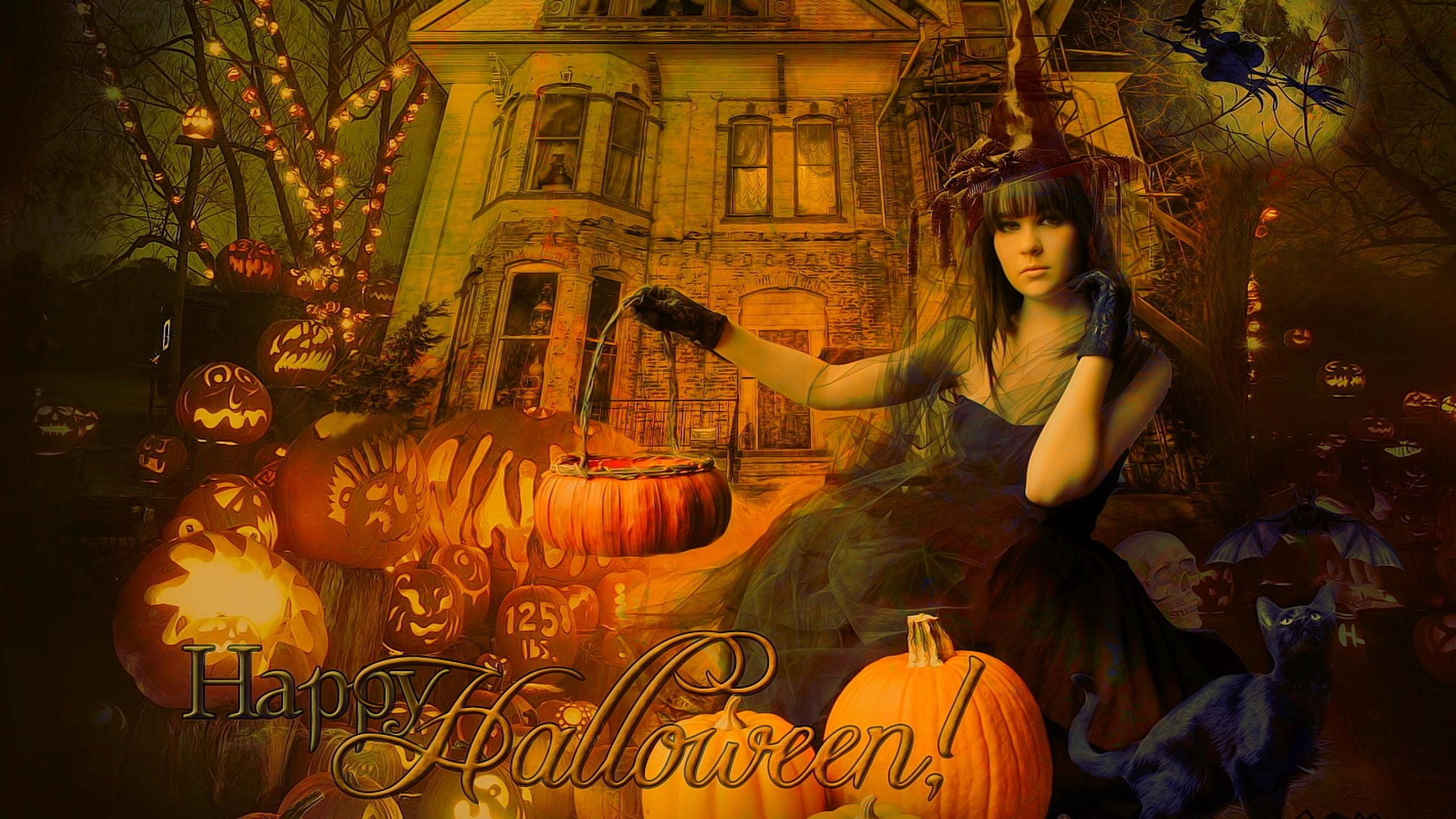 Strega con casa infestata Halloween, 2560x1440 2K, Desktop