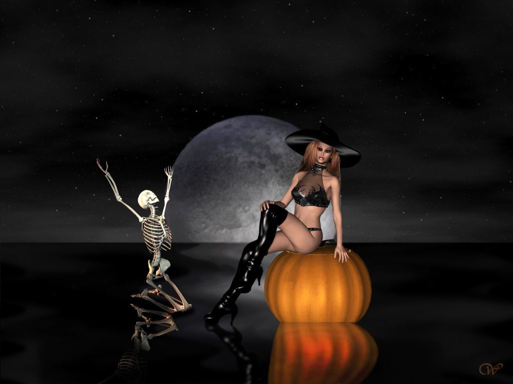Strega e scheletro con luna, 1024x768 HD, PC Desktop