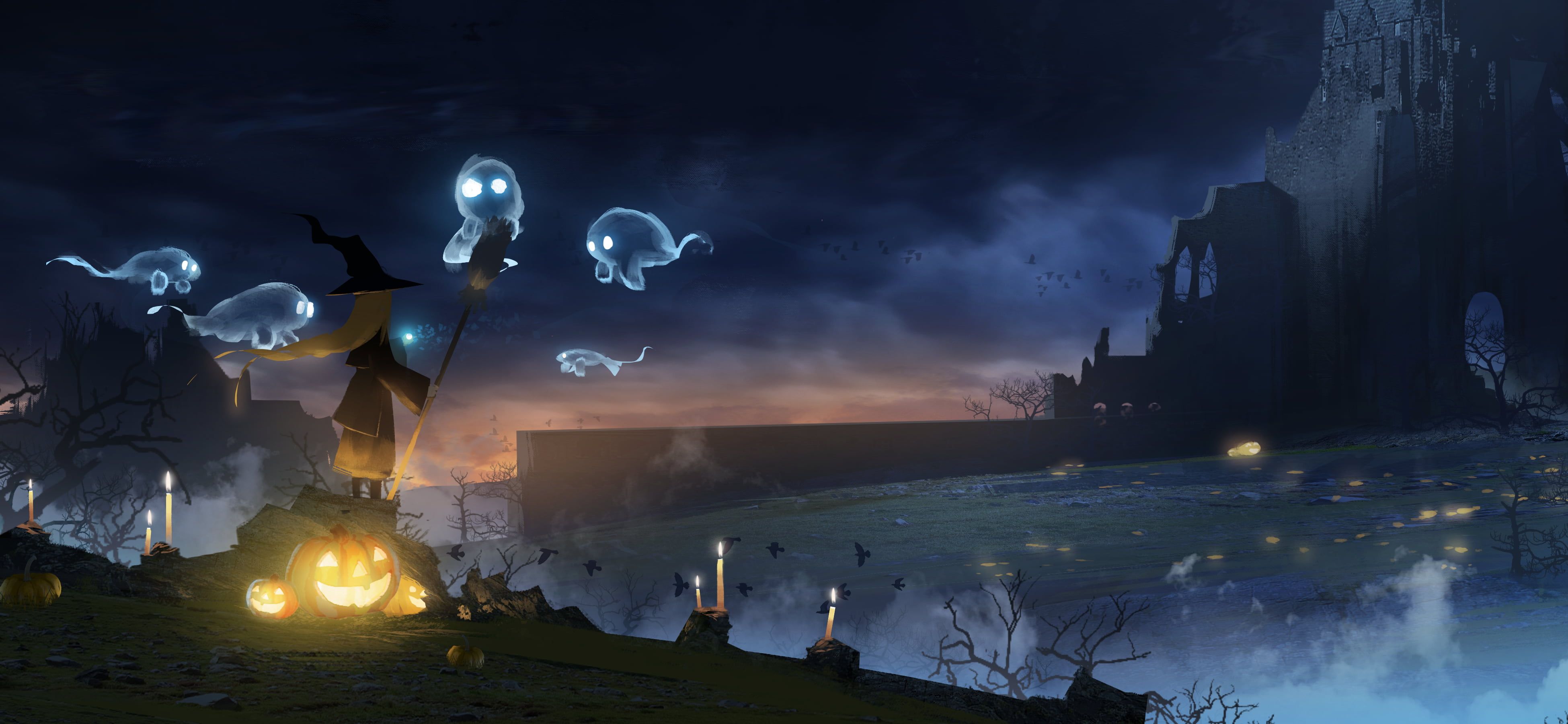Strega con fantasmi volanti Halloween, 3900x1800 4K, Desktop 4K