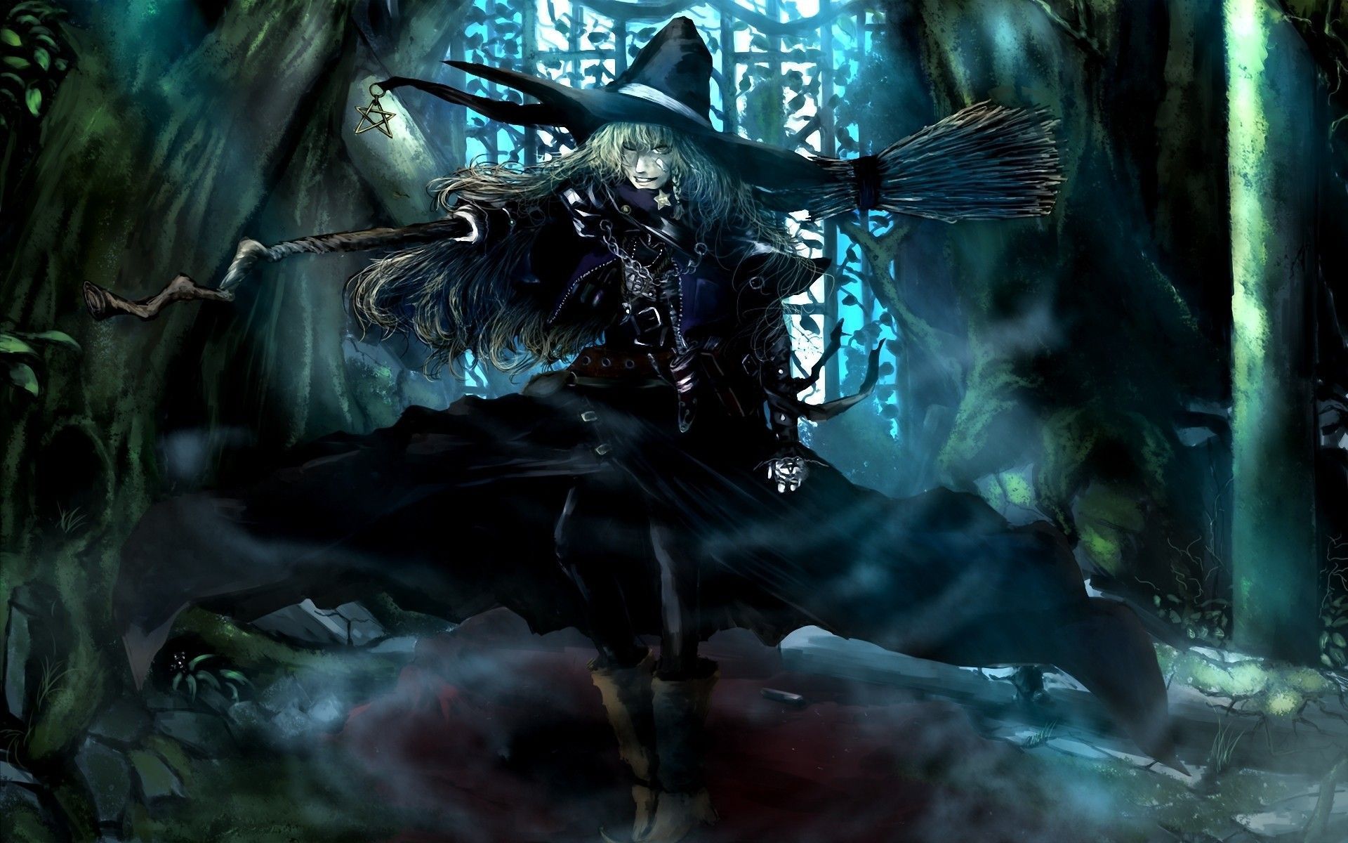 Strega con scopa nella foresta, 1920x1200 WUXGA, Laptop