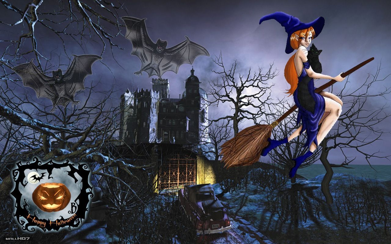 Strega su scopa castello Halloween, 1280x800 HD, Desktop