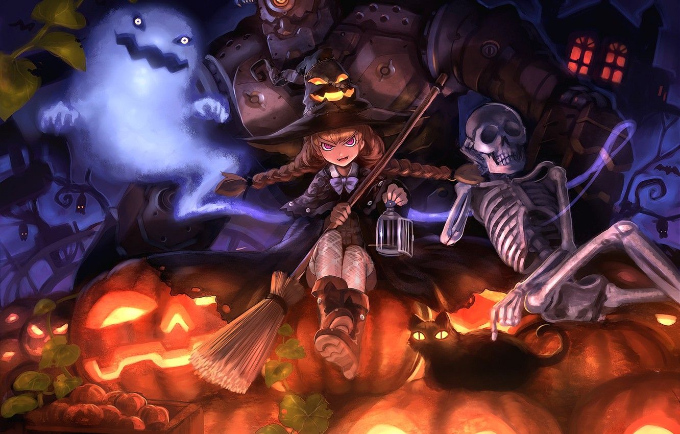 Strega bambina scheletro zucche Halloween, 1332x850 HD, Desktop