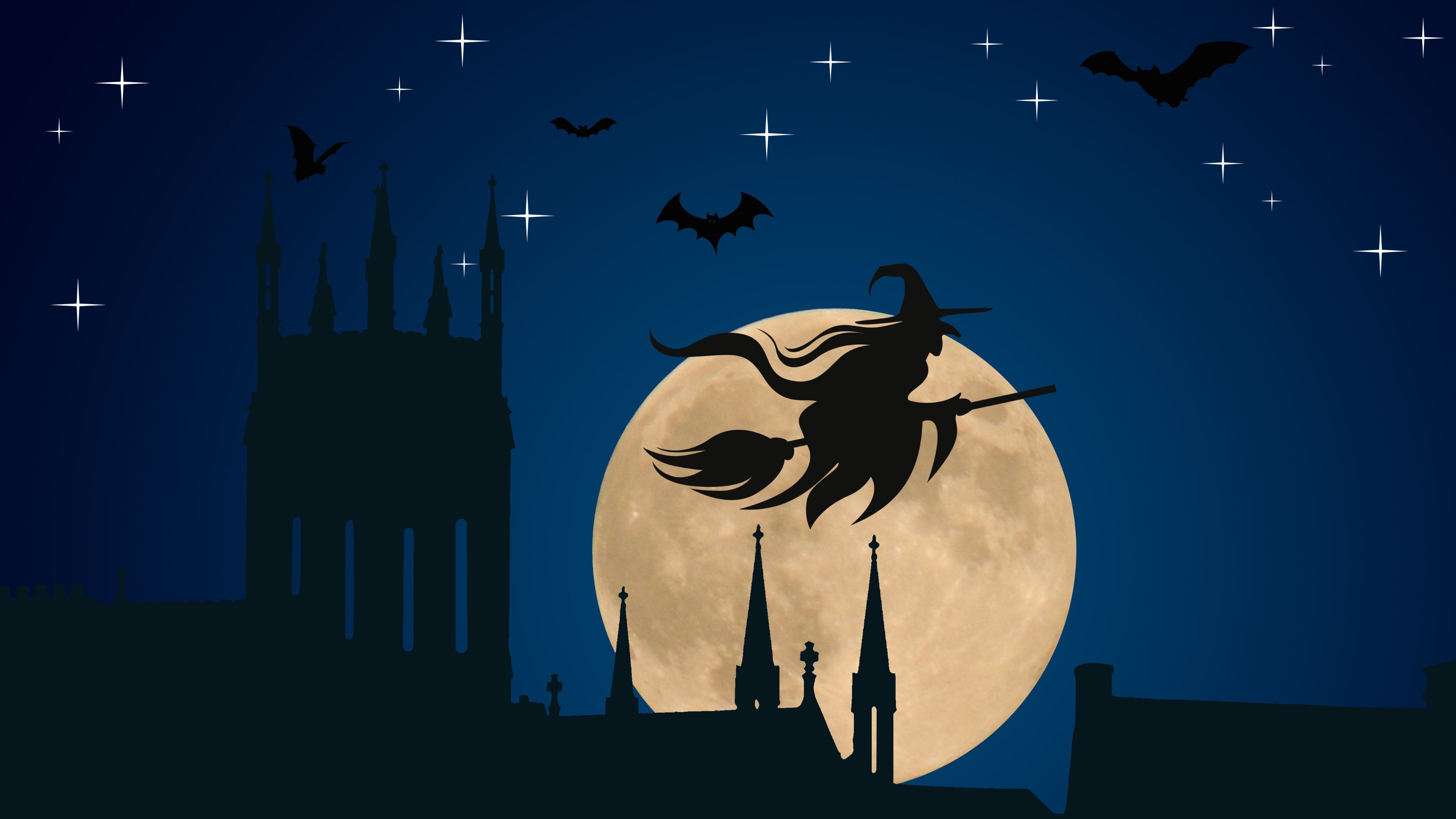 Strega su scopa luna piena, 3840x2160 4K, Desktop 4K