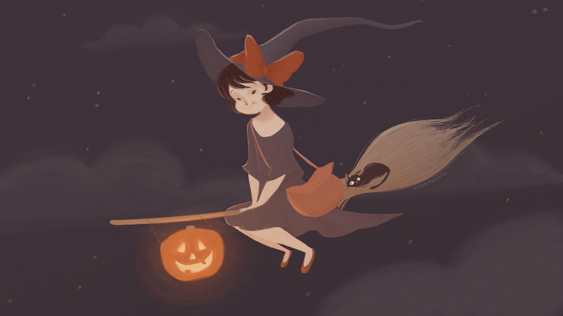 Strega su scopa con zucca, 1920x1080 1080p, PC Desktop