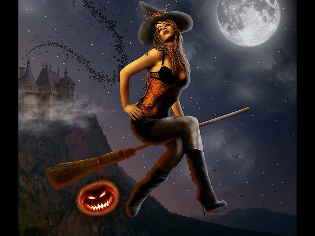 Strega su scopa con luna, 1024x768 HD, PC Desktop