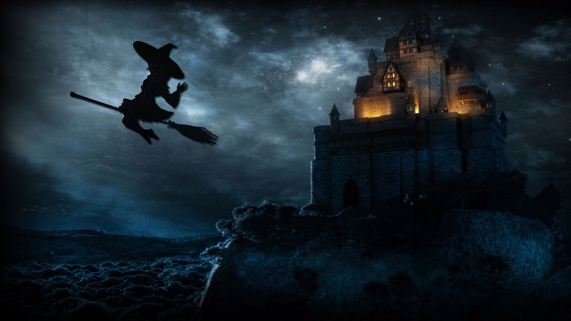 Strega su scopa castello notturno, 1920x1080 Full HD 1080p, Desktop