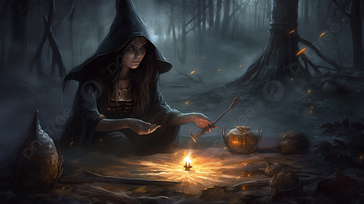 Strega accende fuoco nel bosco, 1200x673 HD, Desktop