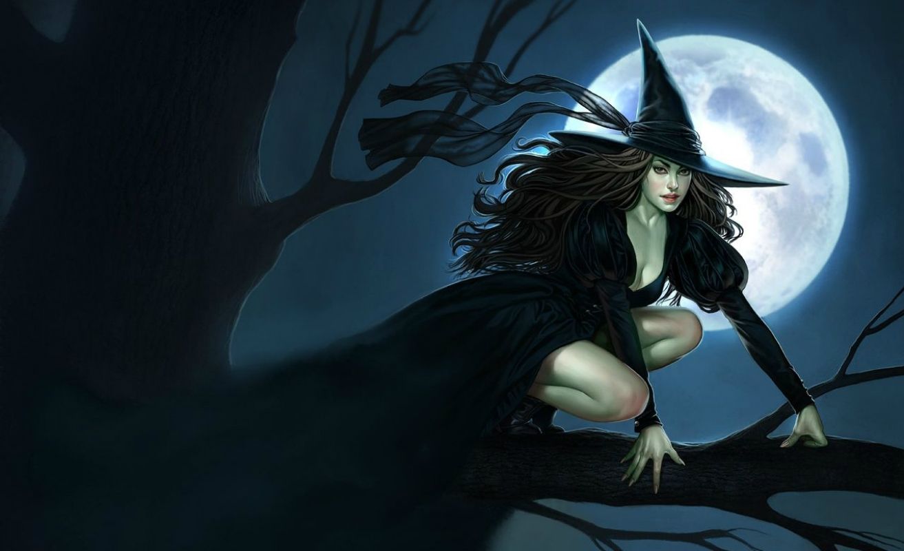 Strega con cappuccio e luna piena, 1313x800 HD, Desktop