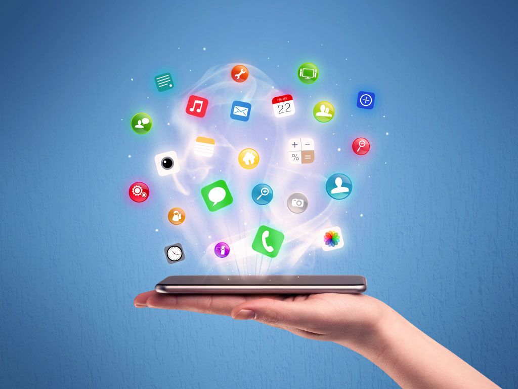 mano con smartphone icone app, 1024x768 HD, PC