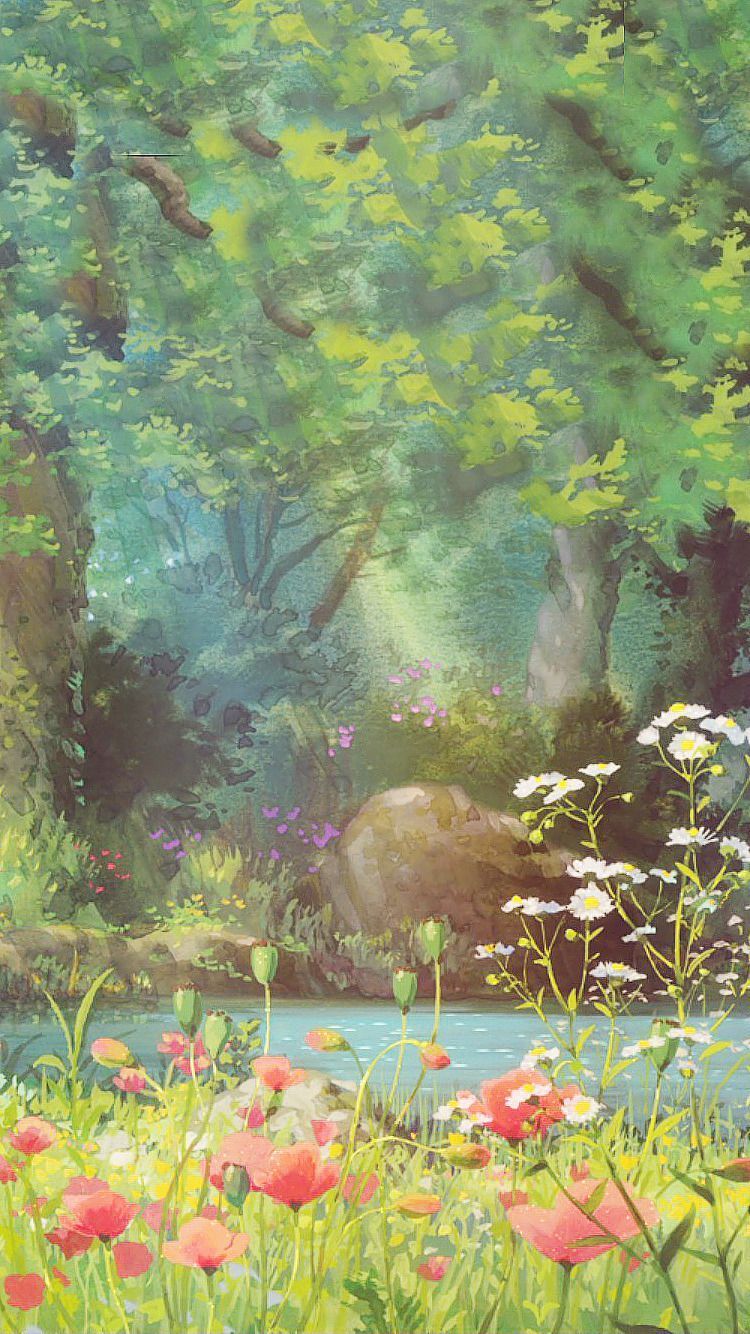 Paesaggio Ghibli bosco fiorito, 750x1334 Full HD Verticale, iPhone Pro