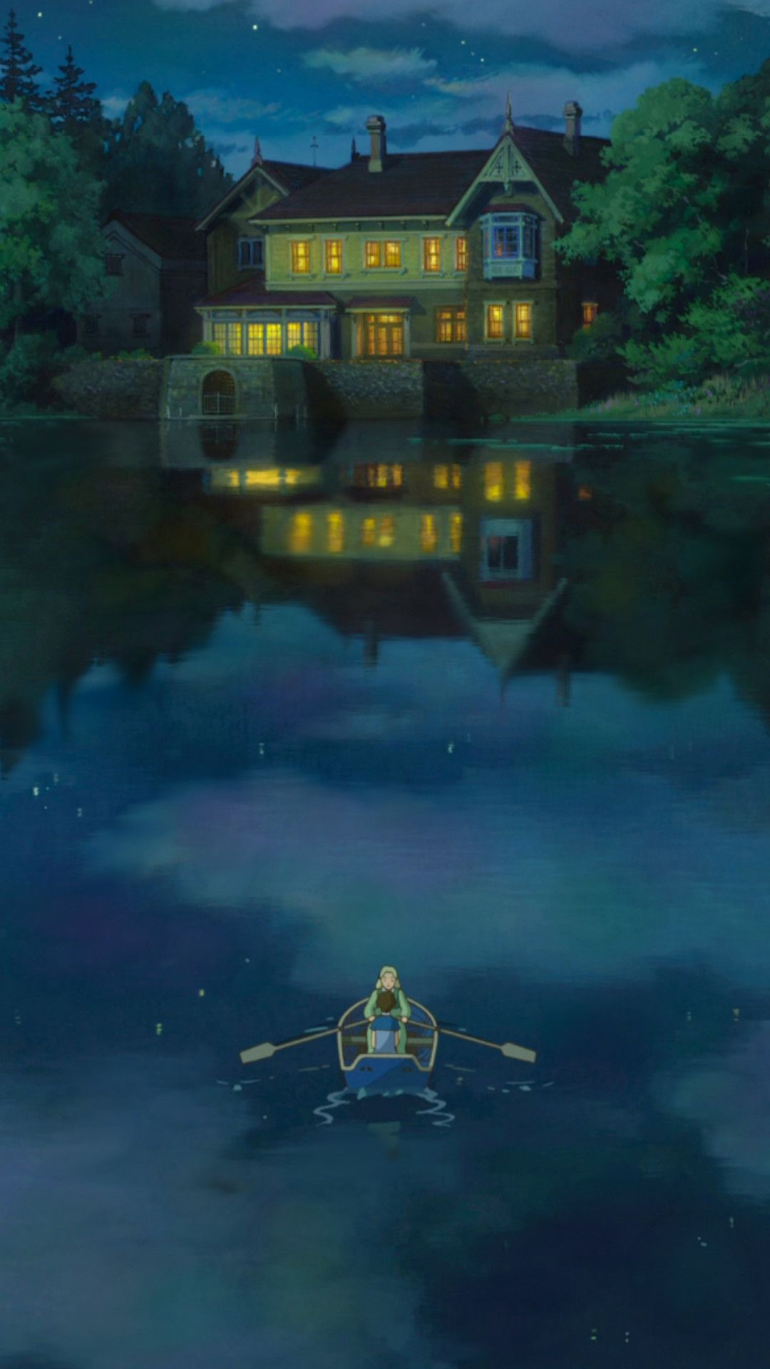 Casa illuminata riflessa lago notte, 1080x1920 Verticale, iPhone