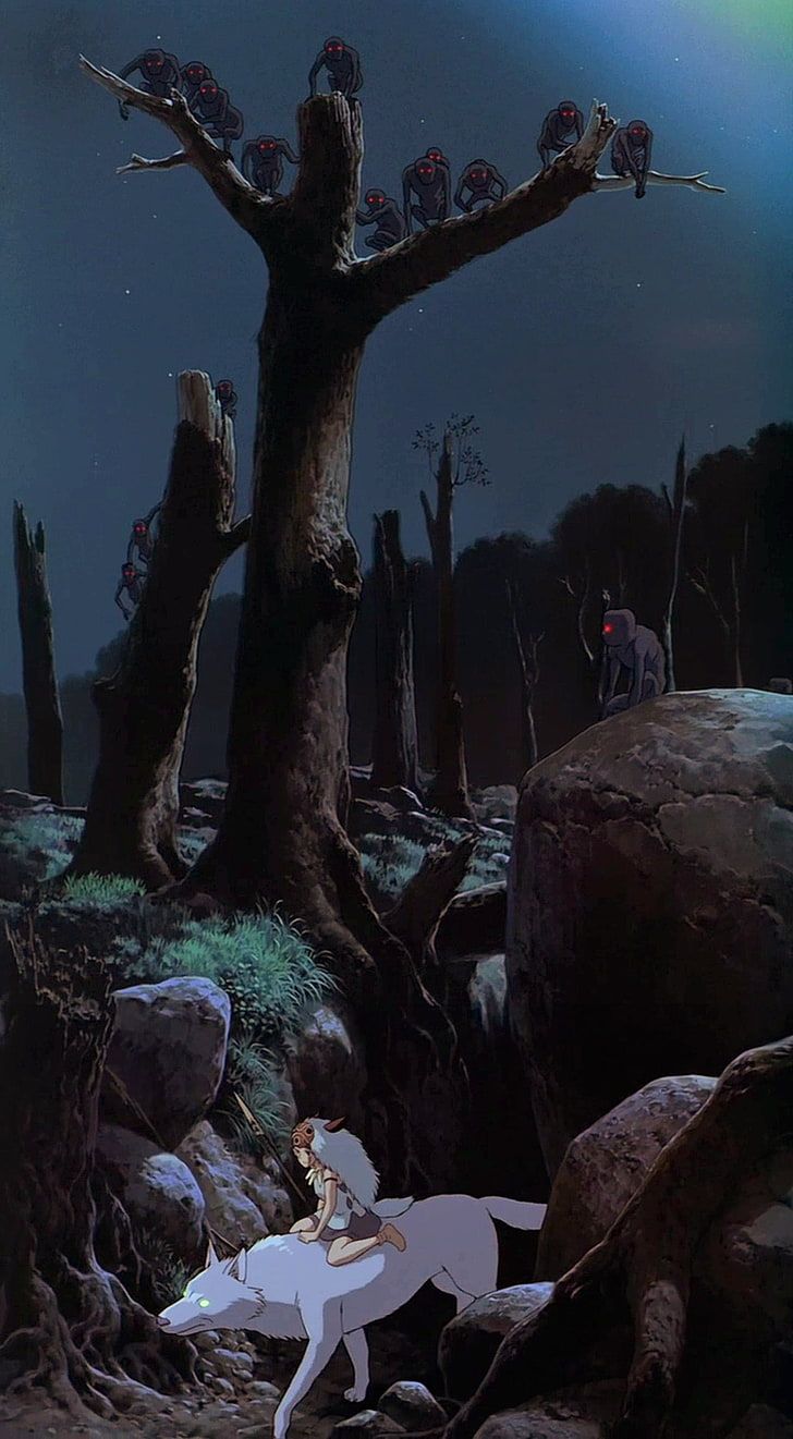 Princess Mononoke, San, lupo, foresta notturna, 728x1321 Full HD Verticale, iPhone Plus