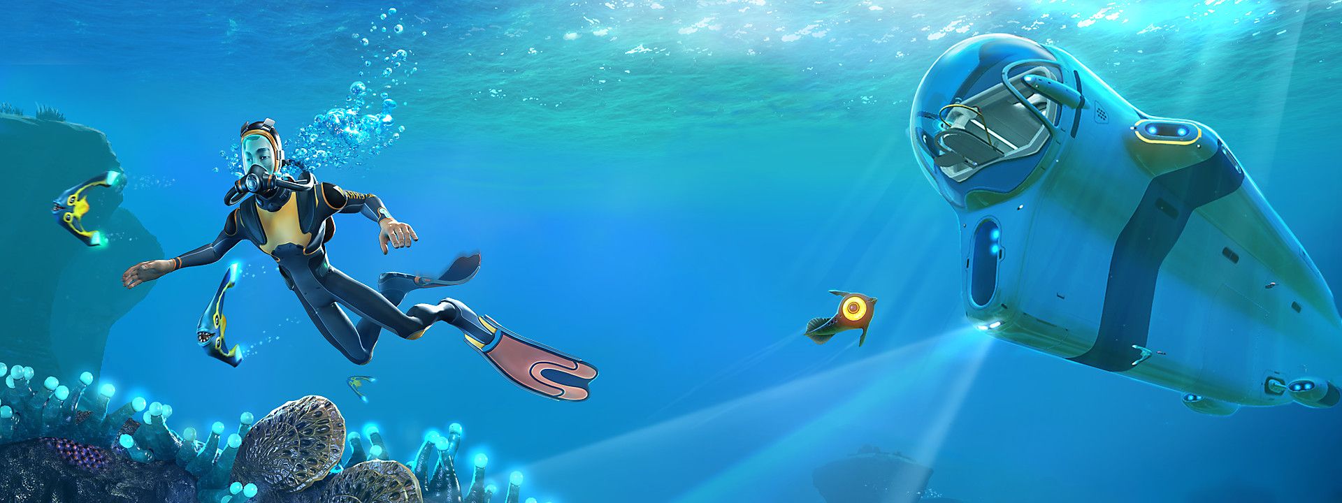 Subnautica sottomarino oceano blu, 1920x720 Panoramico, Dual Screen