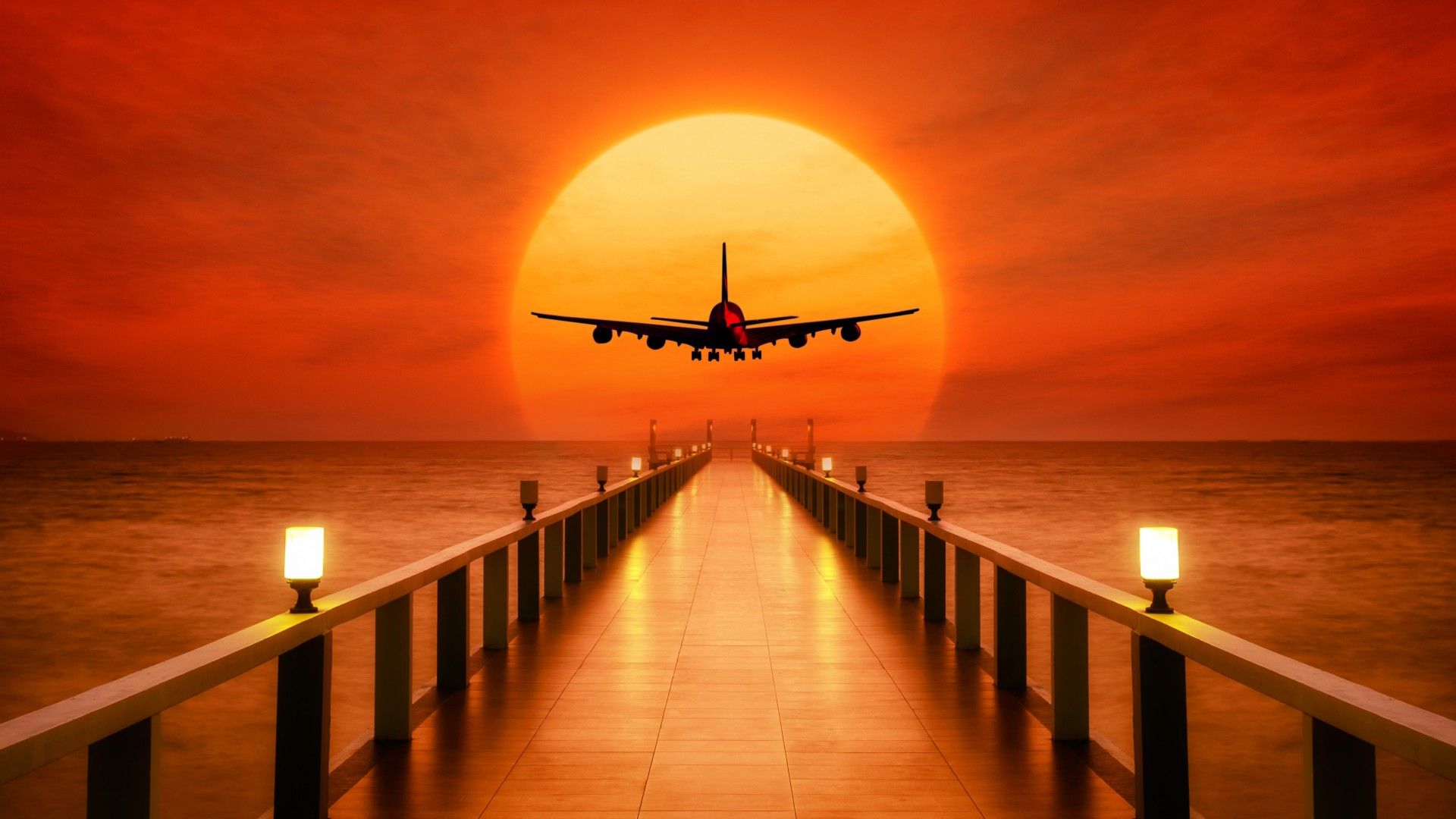 Aereo silhouette tramonto molo, 1920x1080 1080p, PC