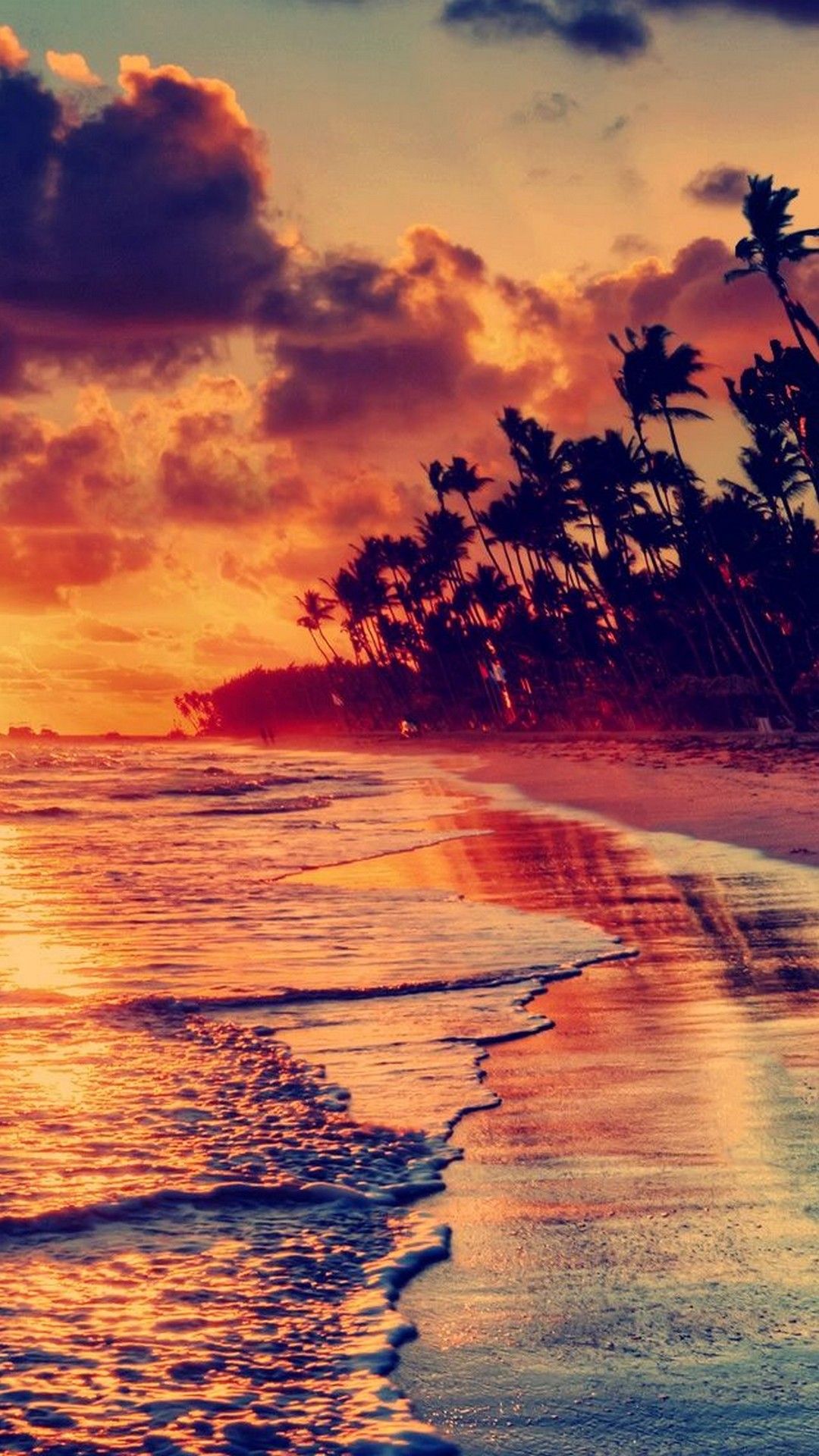 Tramonto arancione su spiaggia tropicale, 1080x1920 Verticale, Telefono