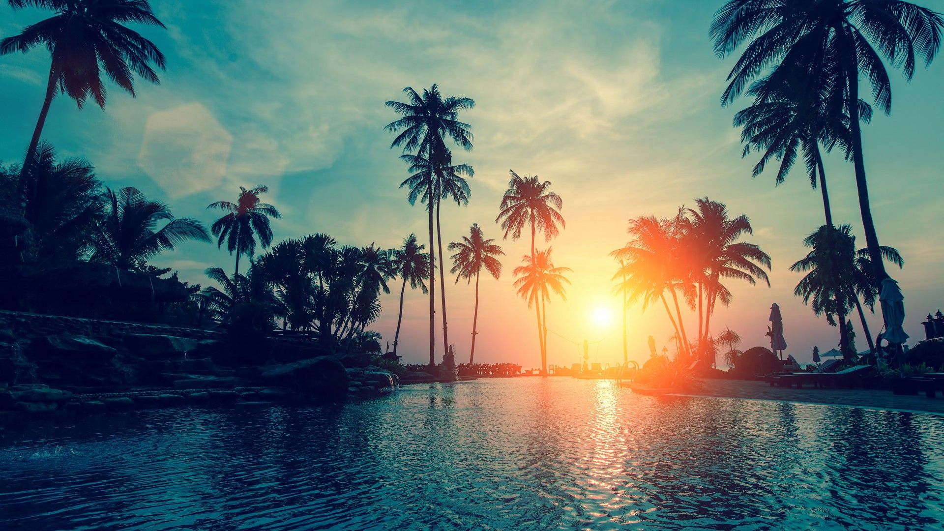 Tramonto tra palme in spiaggia, 1920x1080 1080p, Desktop