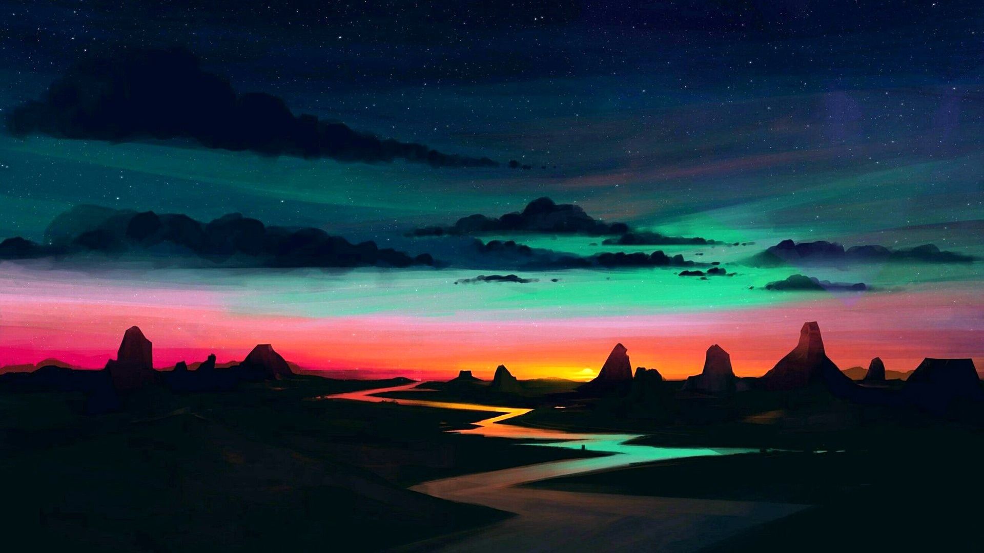Tramonto con montagne e fiume, 1920x1080 Full HD 1080p, Laptop