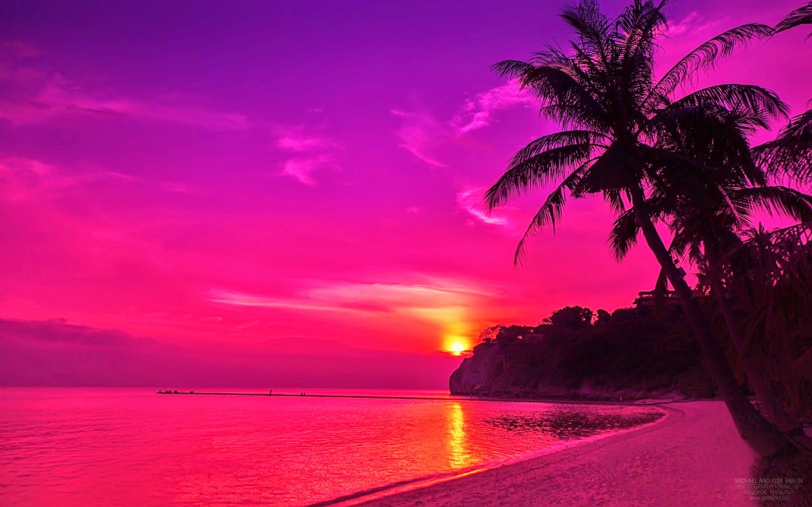 Tramonto rosa su spiaggia con palme, 1600x1000 HD, Desktop