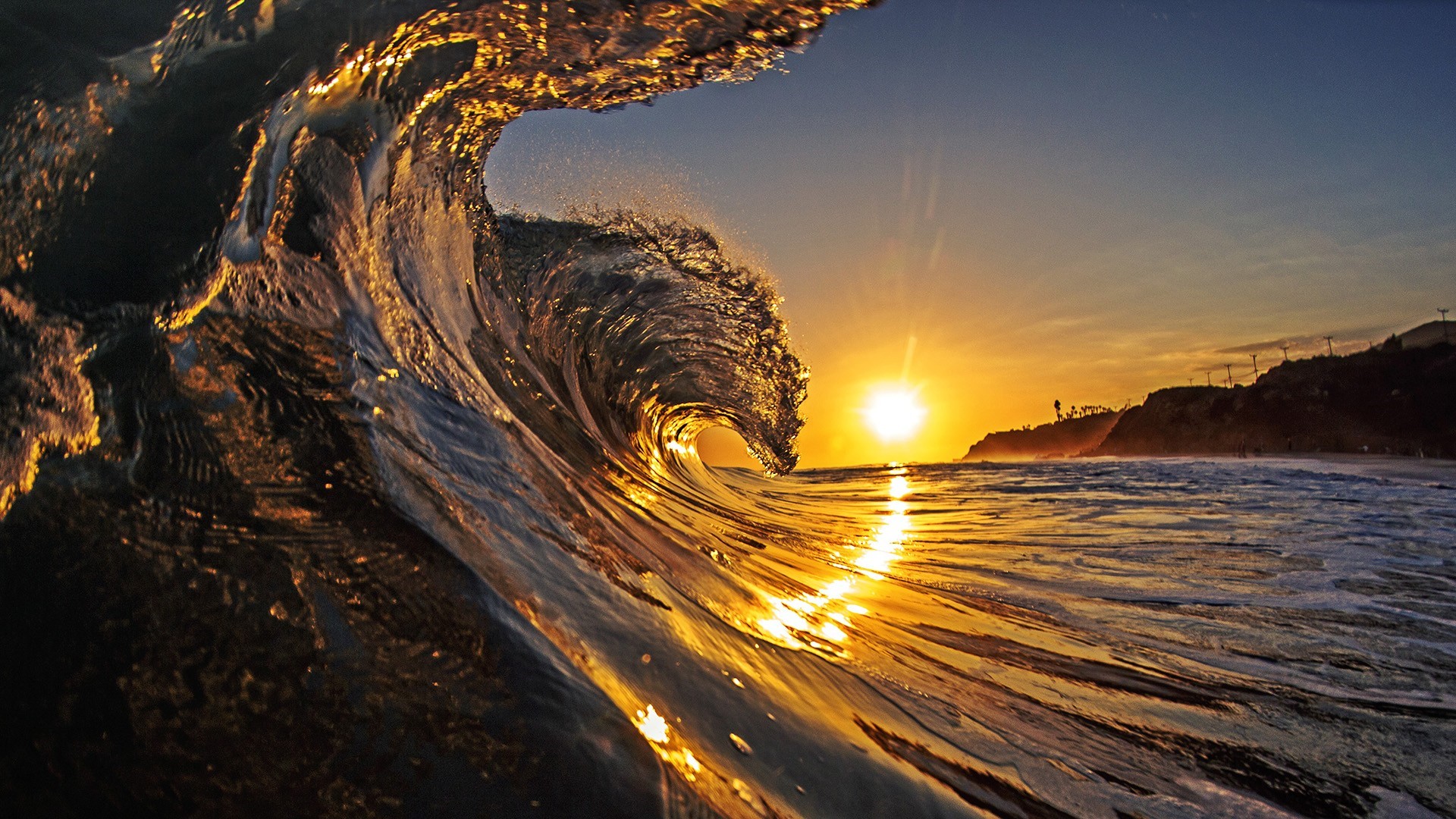 Onda al tramonto sul mare, 1920x1080 Full HD, Laptop