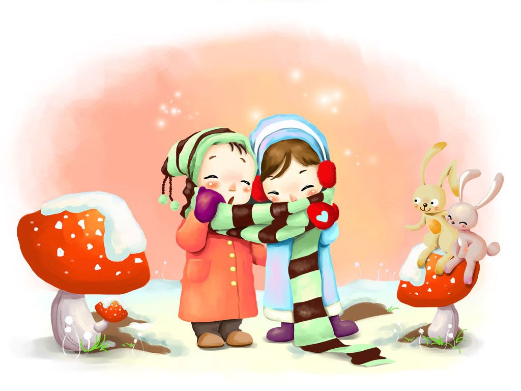 Bambini abbracciati inverno coniglietti, 1024x768 HD, Laptop