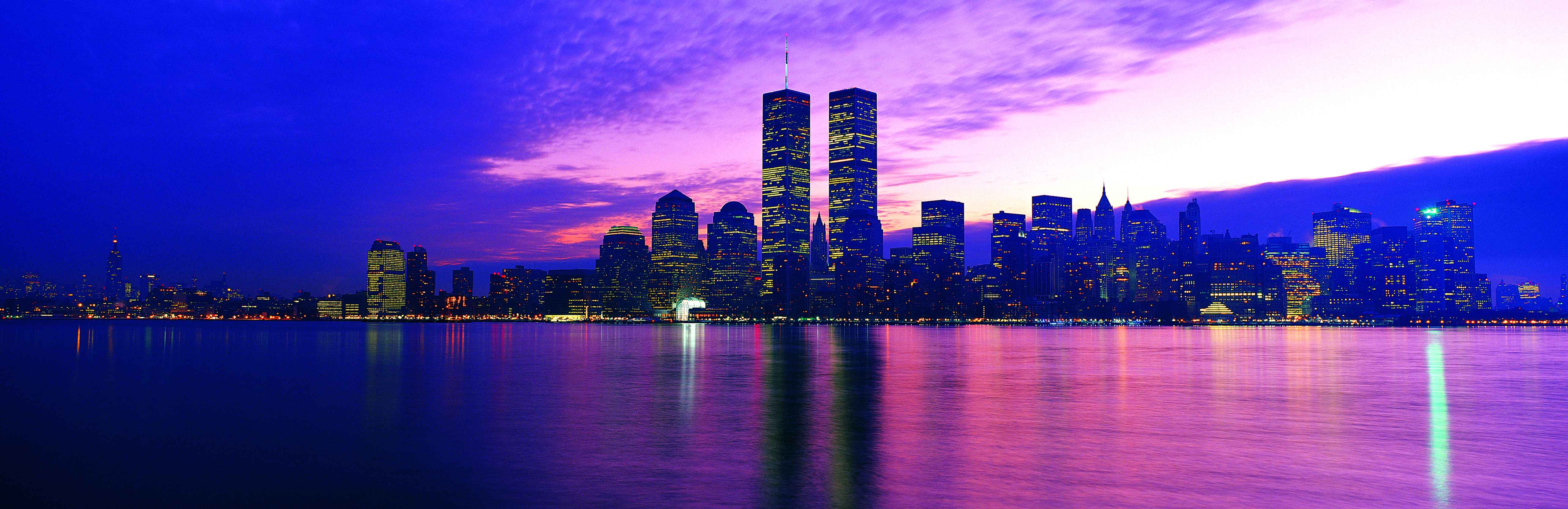 Skyline notturno città viola, 5134x1666 21:9, Ultrawide